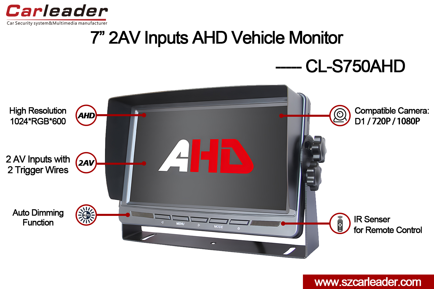 7 ইঞ্চি TFT LCD কার রিয়ার ভিউ AHD মনিটর